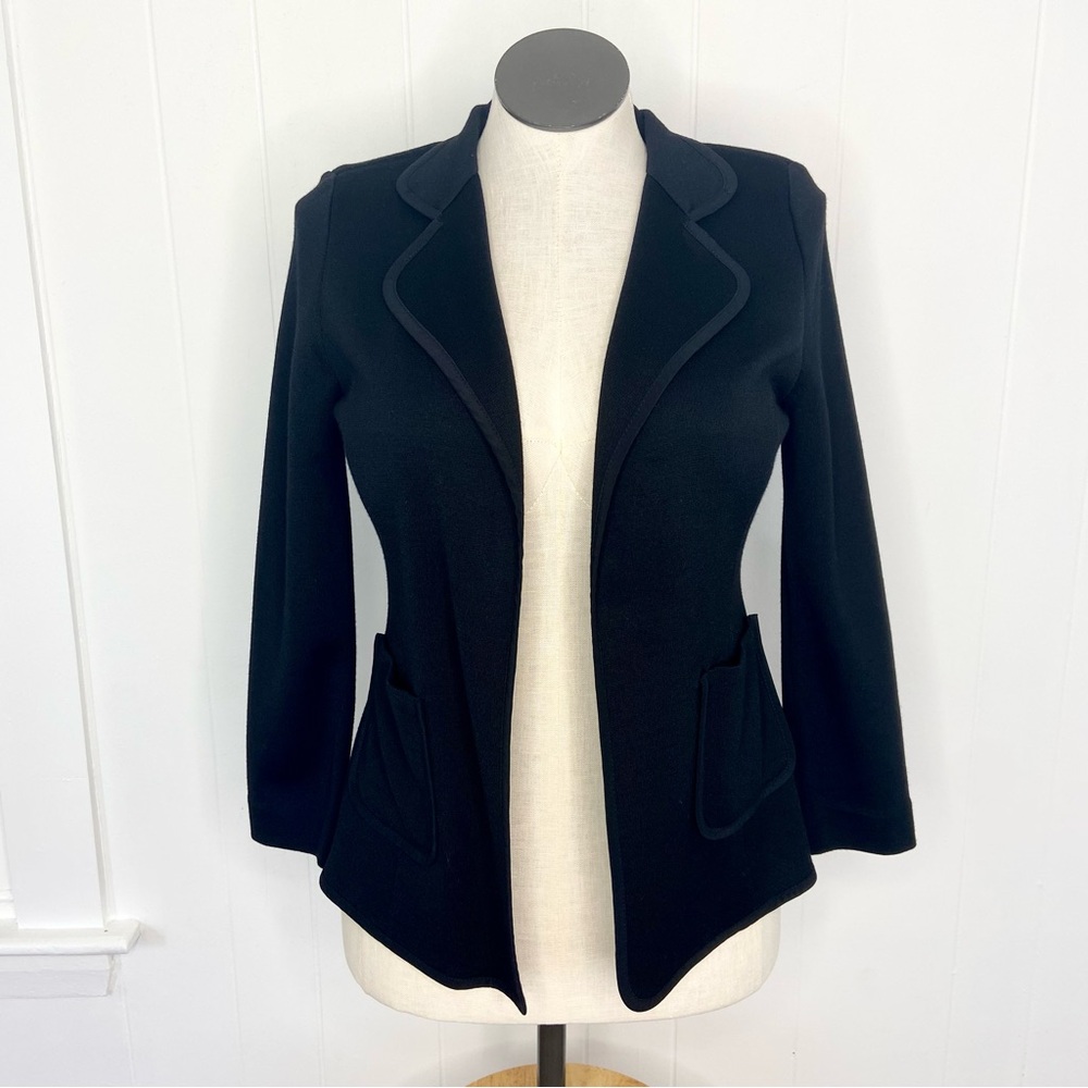 St. John Caviar Women’s Black Wool Blend Blazer Silk Trim Size 8 Classic Career